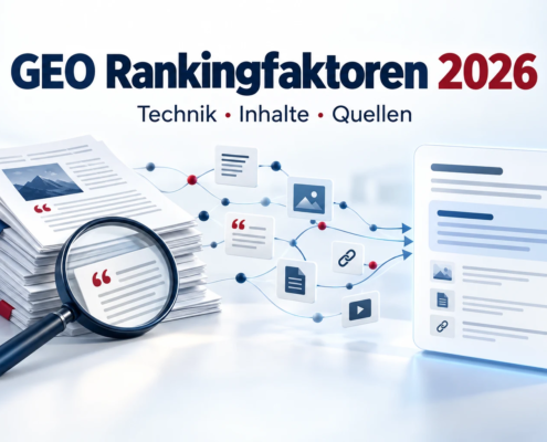 GEO Rankingfaktoren 2026: Dokumente, Quellenverknüpfungen und eine KI-Antwort als Illustration für Technik, Inhalte und Quellen.